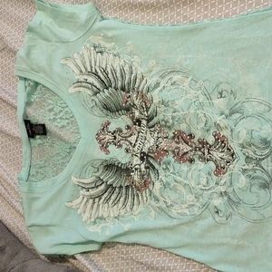 Cross design blue lace back short sleeve top women's